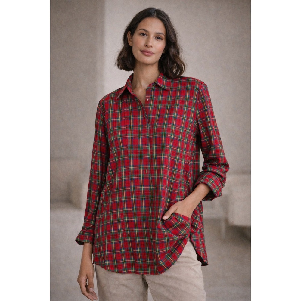 Lands' End 18W Red Tartan Plaid Shirt Cotton Preppy Holiday Classic No Iron